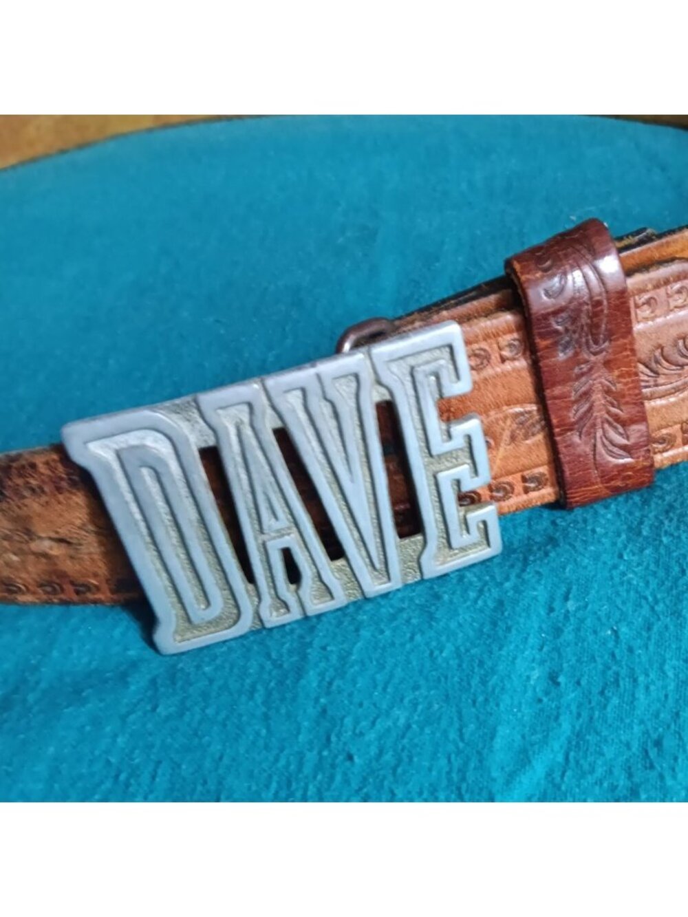 Vintage Trucker Belt 38 1970's Tooled Leather "Dave" Monogram Buckle Hippie Scum